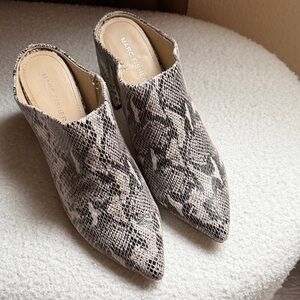 Marc Fisher Pointed Toe Snakeskin Mule in Beige and Black